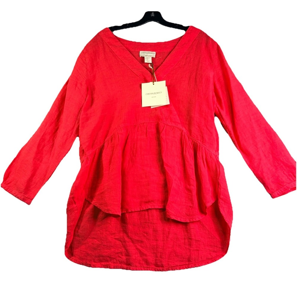 Cynthia Rowley Linen Tunic Top Women's L Pink  Boho Beachy V Neck NWT